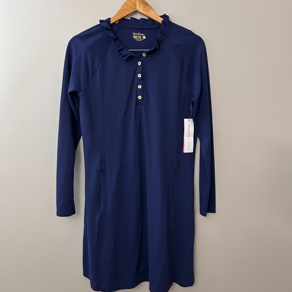 Lilly Pulitzer Dress Womens L Navy Blue Hutton Luxletic Dress/Shorts UPF 50 NWT